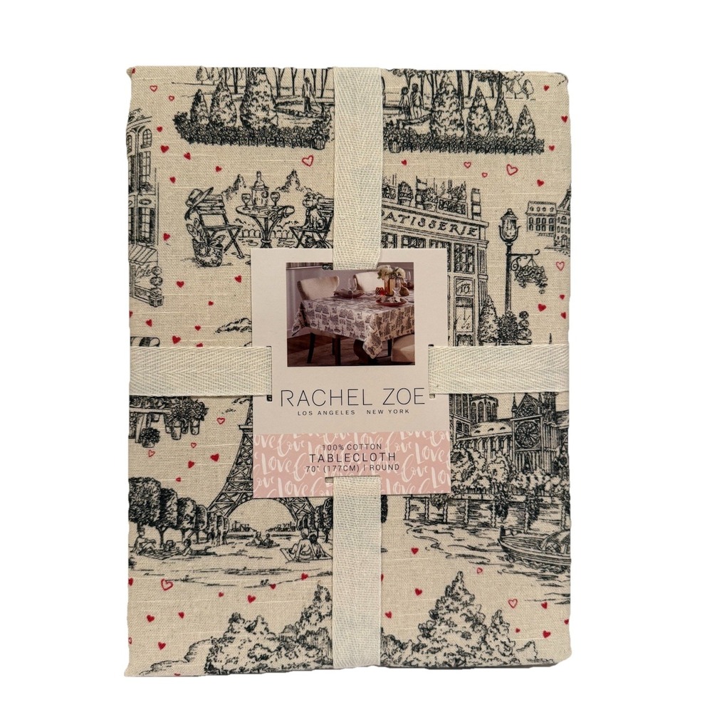 Rachel Zoe Paris Pink‎ Hearts Eiffel Tower  70" Round Tablecloth Valentine's Day
